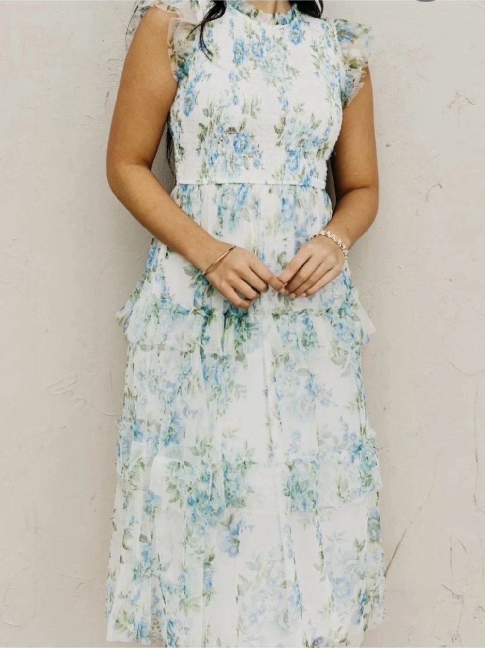 Blu Pepper White Maxi Dress with Light Blue Floral Tiered Skirt